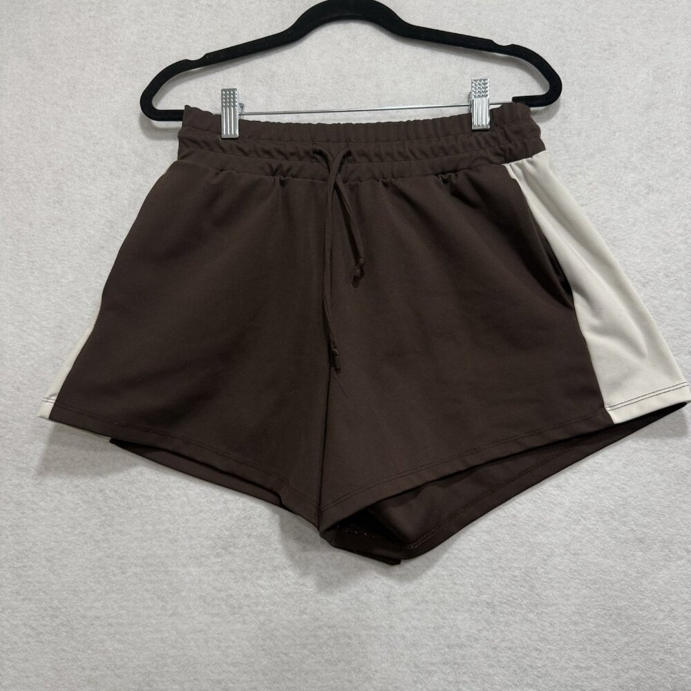 FIVE Shorts Womens Medium Brown White Contrast Panel Athletic Lounge Pockets USA